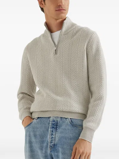 Brunello Cucinelli Textured Half-zip High Collar Sweater In Neutral