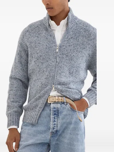 Brunello Cucinelli Cashmere Stand-up Collar Cardigan With Textured Knit In Gray
