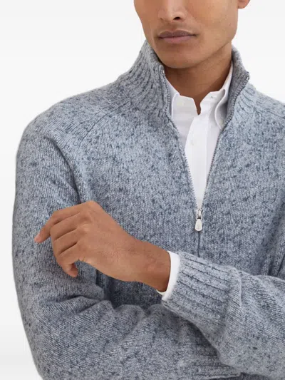 Brunello Cucinelli Cashmere Stand-up Collar Cardigan With Textured Knit In Gray