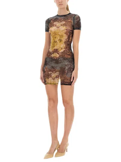 Jean Paul Gaultier Graphic Print Fitted Dress With Sheer Sleeves In Brown