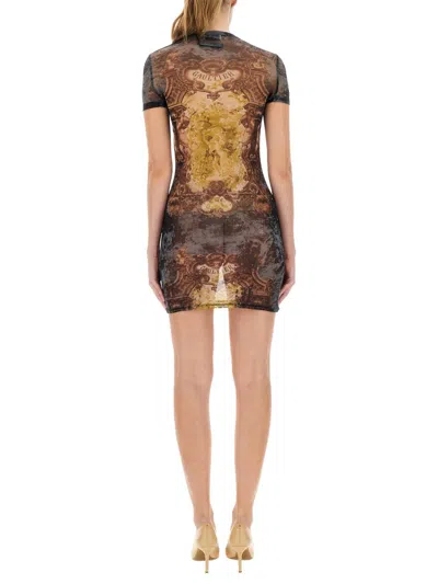 Jean Paul Gaultier Graphic Print Fitted Dress With Sheer Sleeves In Brown
