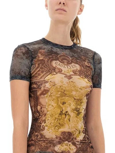 Jean Paul Gaultier Graphic Print Fitted Dress With Sheer Sleeves In Brown