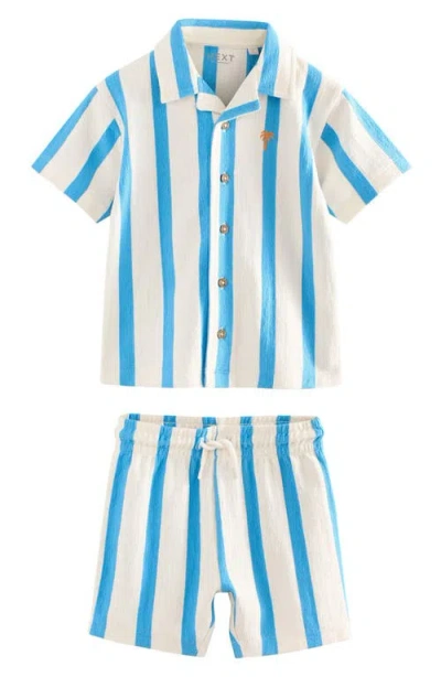Next Kids' Stripe Knit Cotton Blend Camp Shirt & Drawstring Shorts Set In White