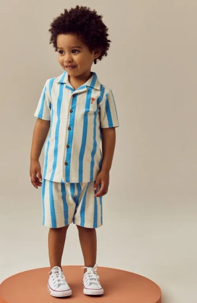 Next Kids' Stripe Knit Cotton Blend Camp Shirt & Drawstring Shorts Set In White