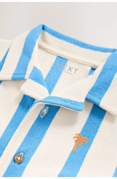 Next Kids' Stripe Knit Cotton Blend Camp Shirt & Drawstring Shorts Set In White