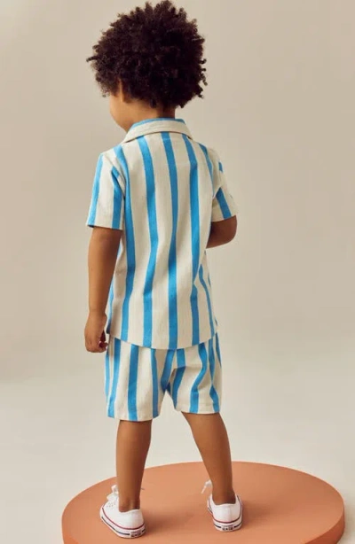 Next Kids' Stripe Knit Cotton Blend Camp Shirt & Drawstring Shorts Set In White