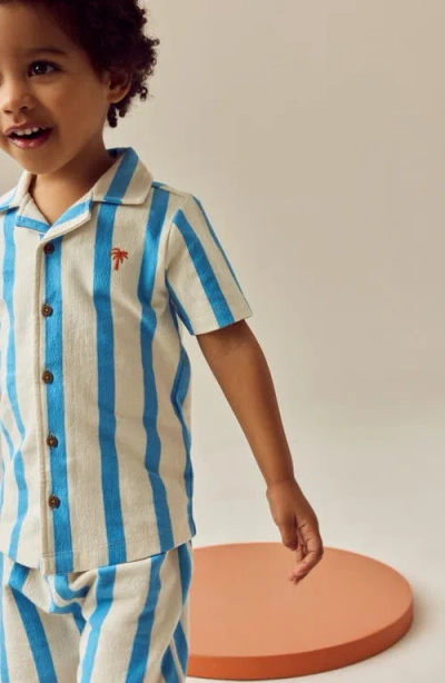 Next Kids' Stripe Knit Cotton Blend Camp Shirt & Drawstring Shorts Set In White