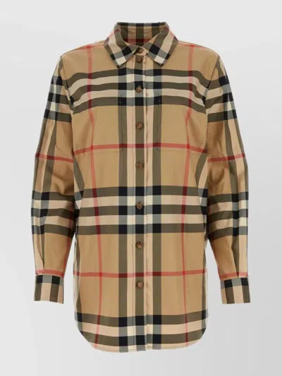 Burberry Embroidered Check Pattern Cotton Shirt In Neutral