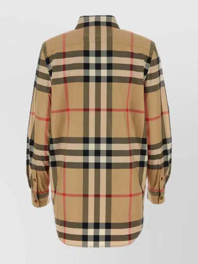 Burberry Embroidered Check Pattern Cotton Shirt In Neutral