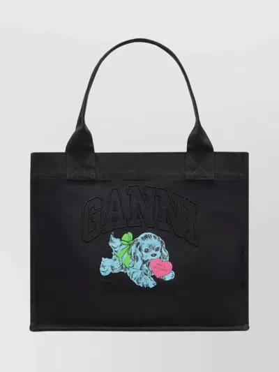 Ganni Black Large Black Shopper With Double Handles And Front Decoration In Cotton Woman In Multi