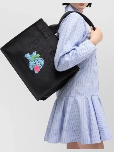 Ganni Black Large Black Shopper With Double Handles And Front Decoration In Cotton Woman In Multi