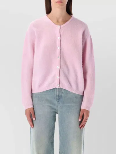 American Vintage Soft Knit Cardigan With Ribbed Cuffs And Hem In Pink