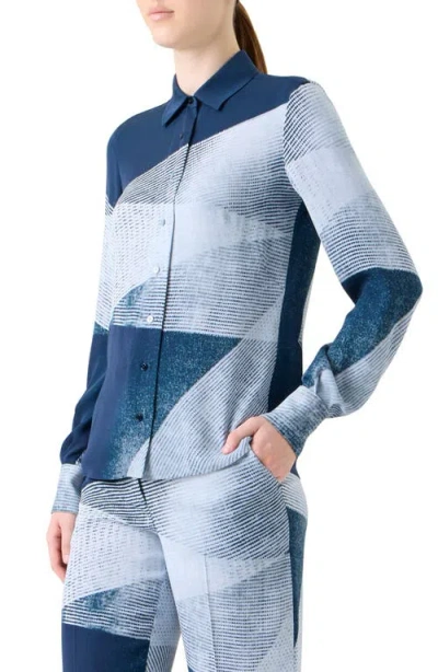 Akris Zigzag Print Silk Crepe Button-down Blouse In Blue