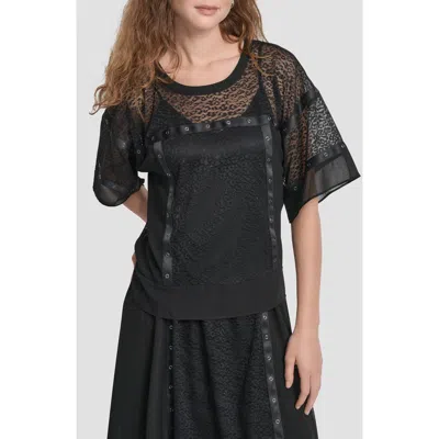 Dkny Women's Leopard Mesh Short Sleeve Flowy Box Top In Black