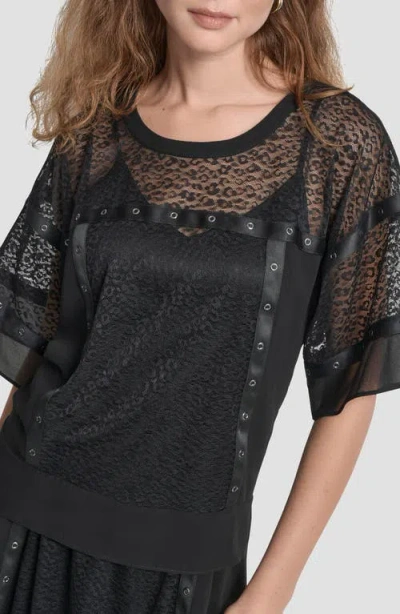 Dkny Women's Leopard Mesh Short Sleeve Flowy Box Top In Black