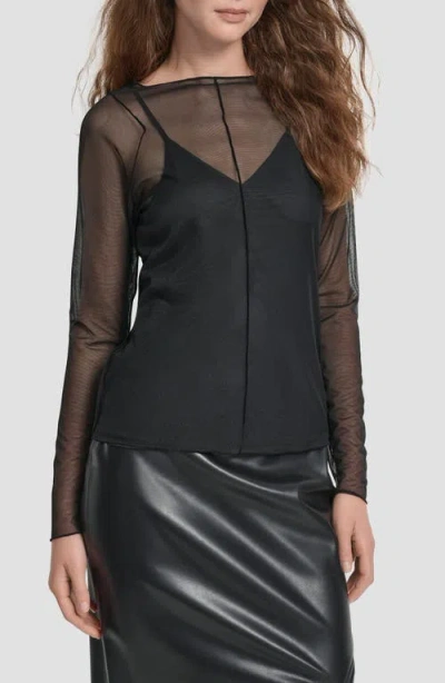 Dkny Women's Long Sleeves Exposed Seam Mesh Top In Black