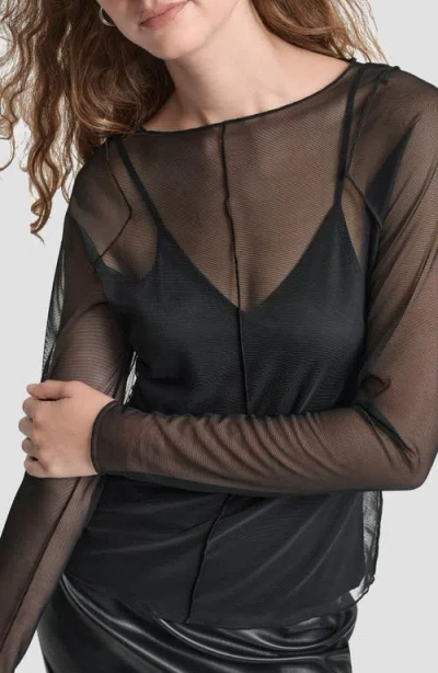 Dkny Women's Long Sleeves Exposed Seam Mesh Top In Black