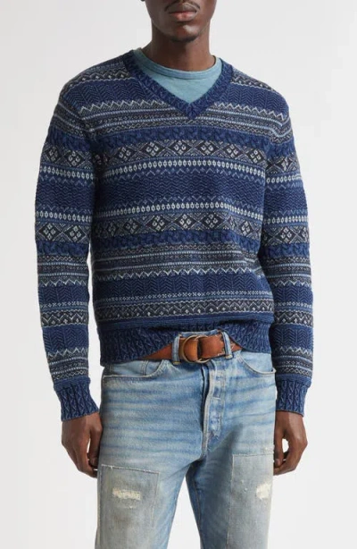 Double Rl Indigo Stripe Cotton & Linen V-neck Sweater In Multi