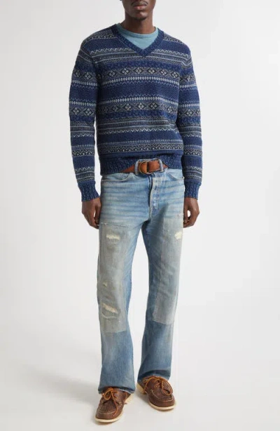Double Rl Indigo Stripe Cotton & Linen V-neck Sweater In Multi