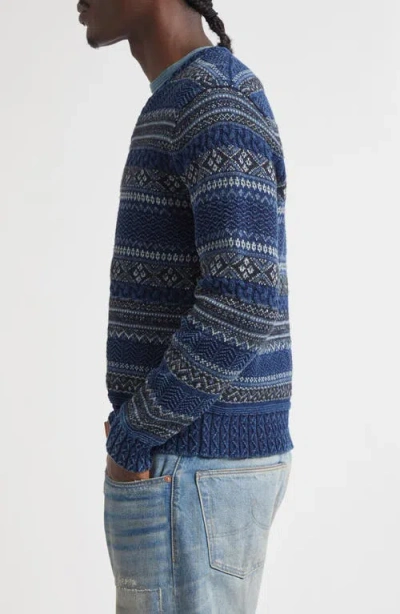 Double Rl Indigo Stripe Cotton & Linen V-neck Sweater In Multi