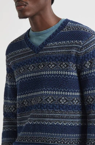 Double Rl Indigo Stripe Cotton & Linen V-neck Sweater In Multi