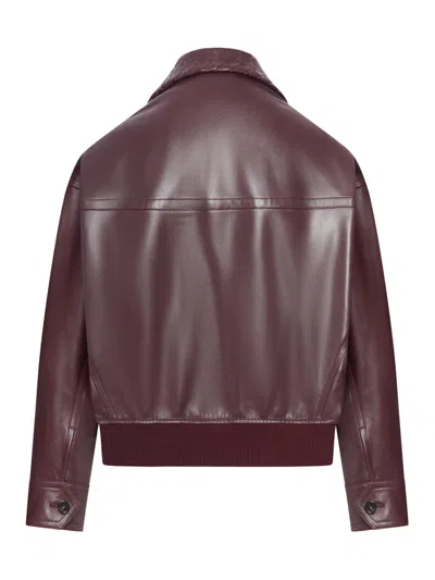 Bottega Veneta Women Bordeaux Crop Jacket With Intreccio Motif Collar And Dropped Shoulders In Leath In Burgundy