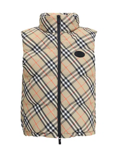 Burberry Sleeveless Down Jacket Featuring Check Pattern In Brown