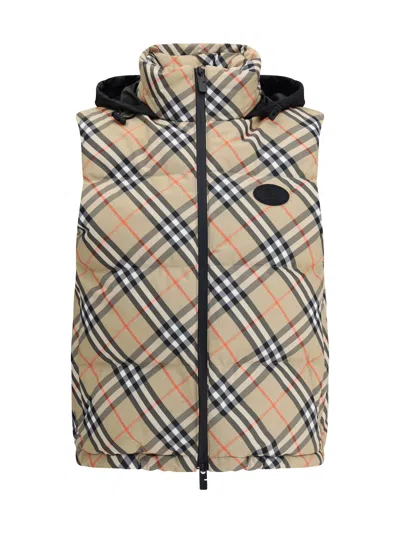 Burberry Sleeveless Down Jacket Featuring Check Pattern In Brown