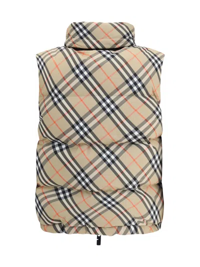 Burberry Sleeveless Down Jacket Featuring Check Pattern In Brown