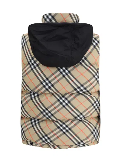 Burberry Sleeveless Down Jacket Featuring Check Pattern In Brown
