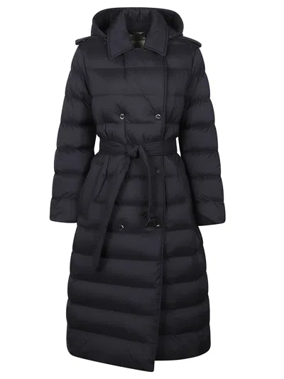 Burberry Black Double-breasted Padded Coat With Belt Women In Blue