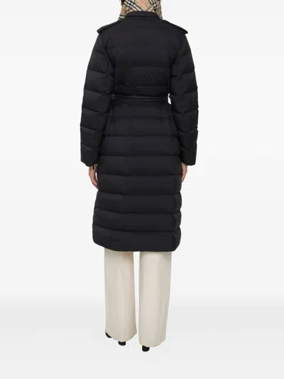Burberry Black Double-breasted Padded Coat With Belt Women In Blue