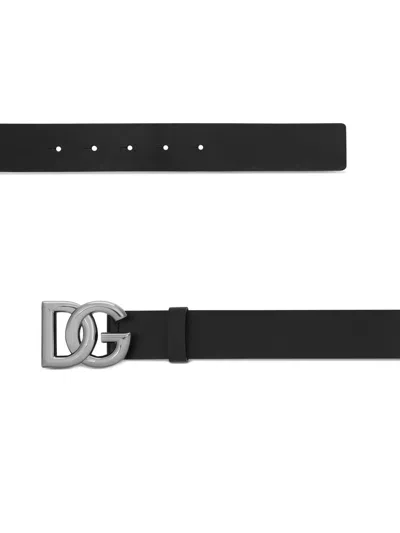 Dolce & Gabbana Lux Leather Belt With Crossover Dg Logo Buckle In Black