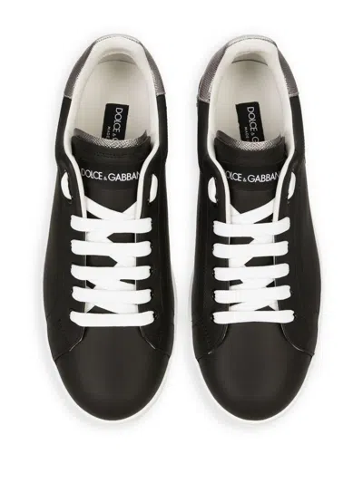 Dolce & Gabbana Portofino Sneakers In Black Leather With Silver Inserts Dolce E Gabbana