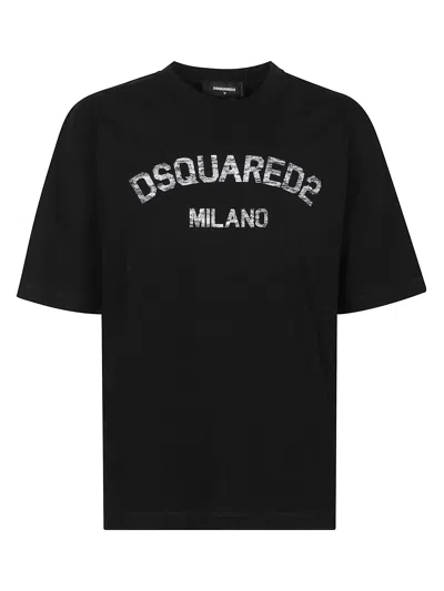 Dsquared2 Loose Fit Tee Logo Dsq2 Milano Sbiadito Effetto Texture Jersey Di Cotone T-shirt In Black