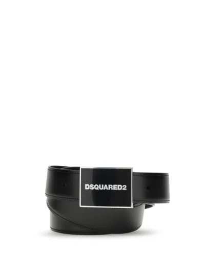 Dsquared2 Black Leather Belt With Logo Buckle In Black