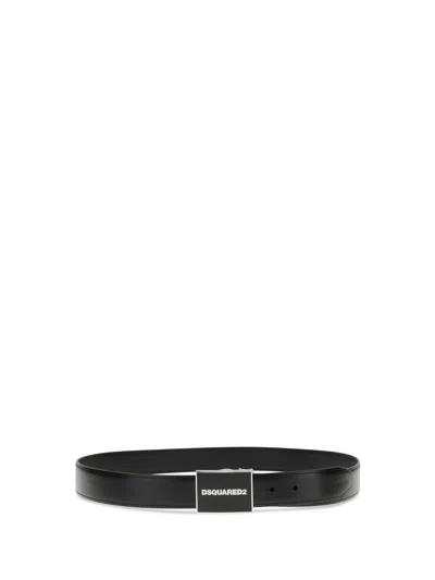 Dsquared2 Black Leather Belt With Logo Buckle In Black