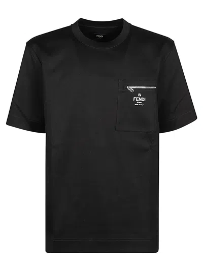 Fendi Men Blue Crewneck T-shirt With Logo Printed On The Front And Patch Pocket With Zip In Cotton M In Black
