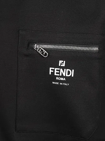 Fendi Men Blue Crewneck T-shirt With Logo Printed On The Front And Patch Pocket With Zip In Cotton M In Black