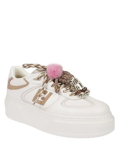 Fendi Match Low Top Platform In White Leather With Charm Women In White
