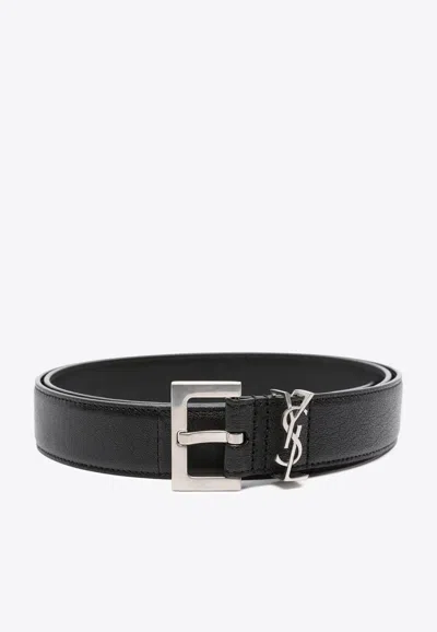 Saint Laurent Grained Leather Cassandre Thin Belt With Square Buckle Accessories In Black