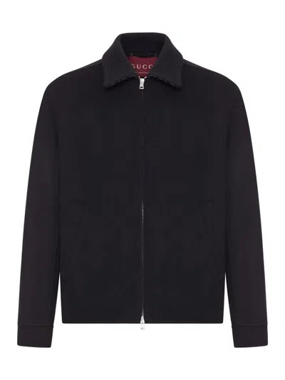 Gucci Men Black Jacket With Classic Collar And Web Motif On The Waist In Cotton Man