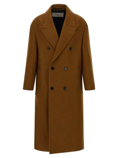 Ami Alexandre Mattiussi Double-breasted Coat Featuring Back Vent And Notched Lapels In Brown