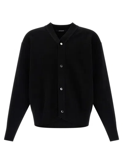 Jacquemus Men Black V-neck Cardigan With J Logo On The Back In Wool Man