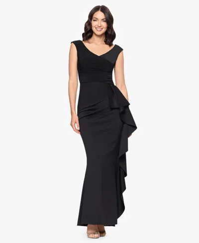 Betsy & Adam "ruth" Techno Scuba Sleeveless V-neck Ruffle Floor Length Dress In Black