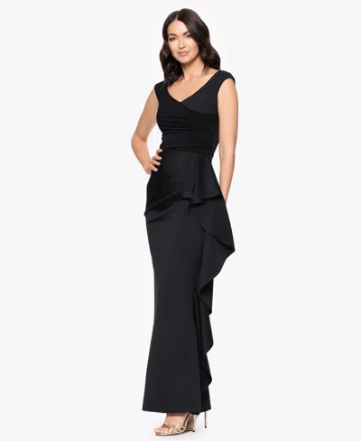 Betsy & Adam "ruth" Techno Scuba Sleeveless V-neck Ruffle Floor Length Dress In Black