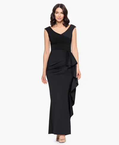 Betsy & Adam "ruth" Techno Scuba Sleeveless V-neck Ruffle Floor Length Dress In Black