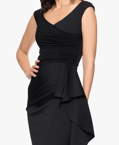 Betsy & Adam "ruth" Techno Scuba Sleeveless V-neck Ruffle Floor Length Dress In Black