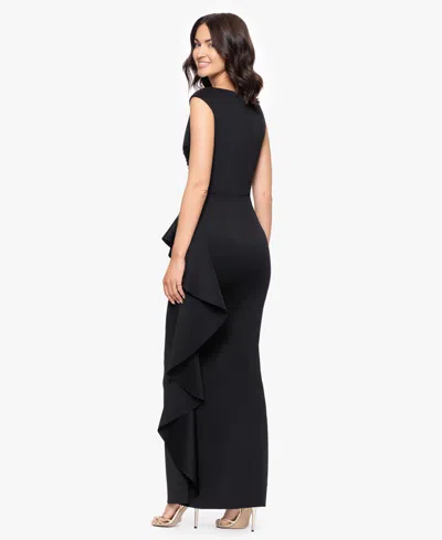 Betsy & Adam "ruth" Techno Scuba Sleeveless V-neck Ruffle Floor Length Dress In Black