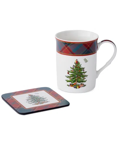 Spode Christmas Tree Tartan 5-pc. Mug & Tin Coaster Set In Multi